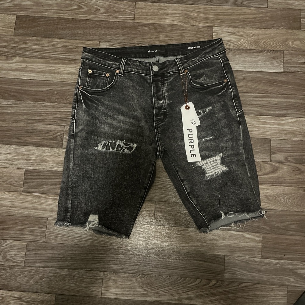 Purple Men's Distressed Black Denim Shorts